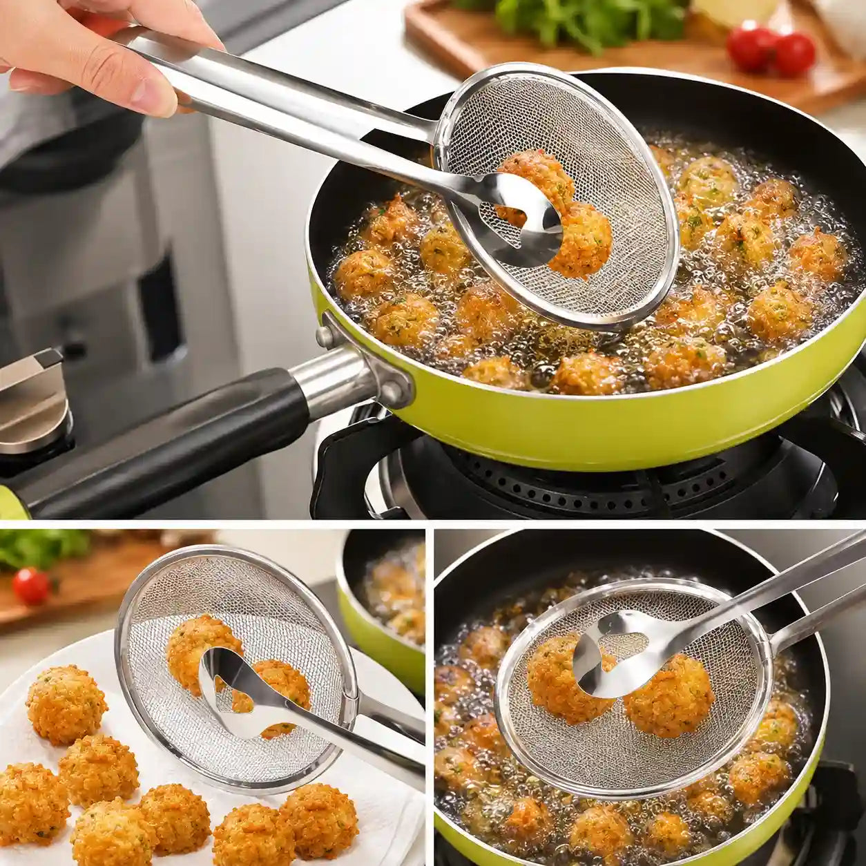 Stainless Steel Cooking Strainer & Food Filter Tongs – Fine Mesh Oil Frying Skimmer
