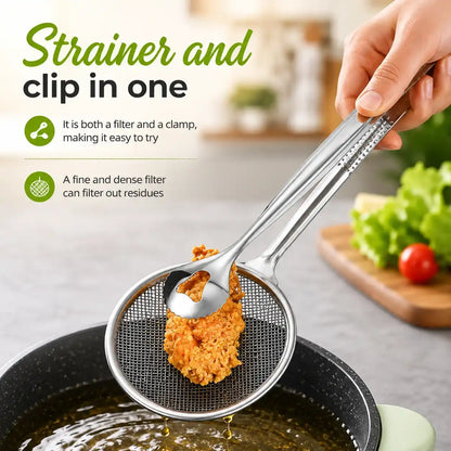 Stainless Steel Cooking Strainer & Food Filter Tongs – Fine Mesh Oil Frying Skimmer